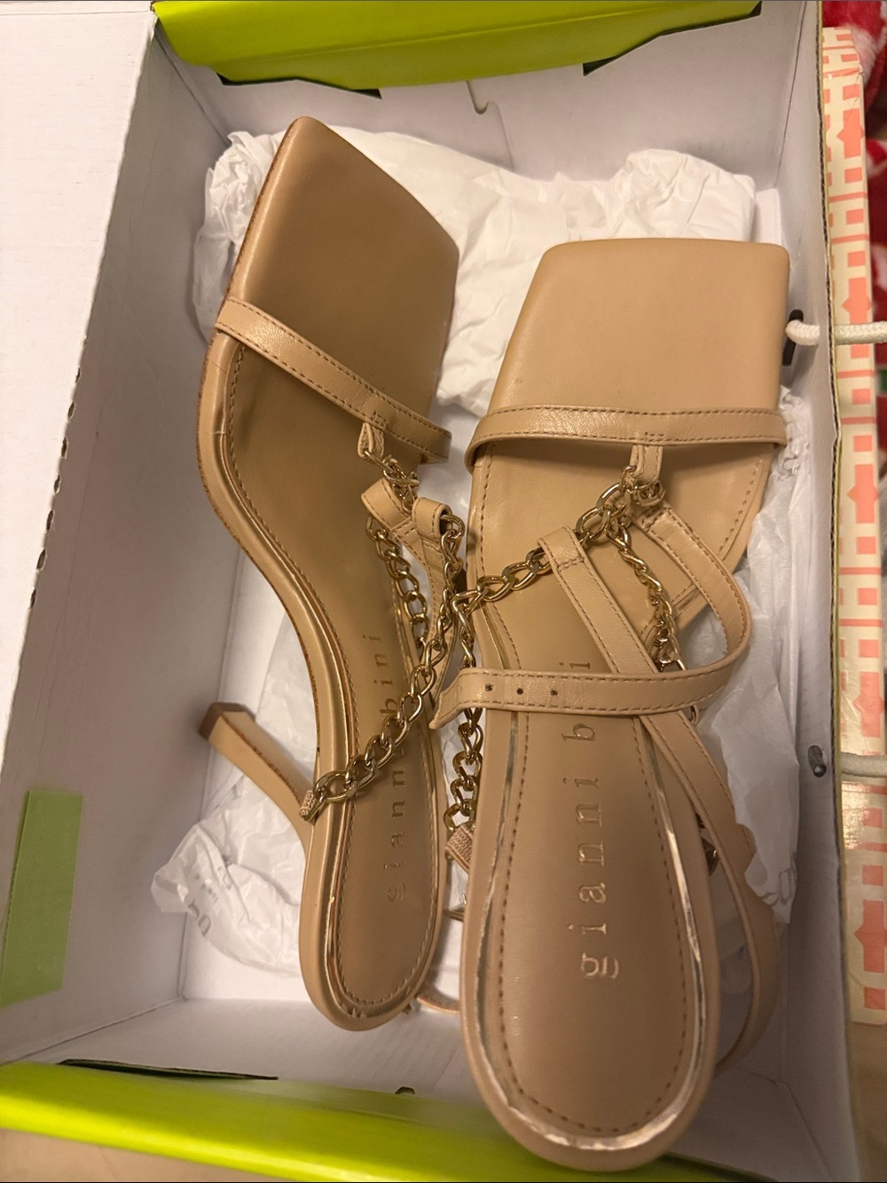 Gianni Bini Beige Square-Toe Chain-Strap Heels